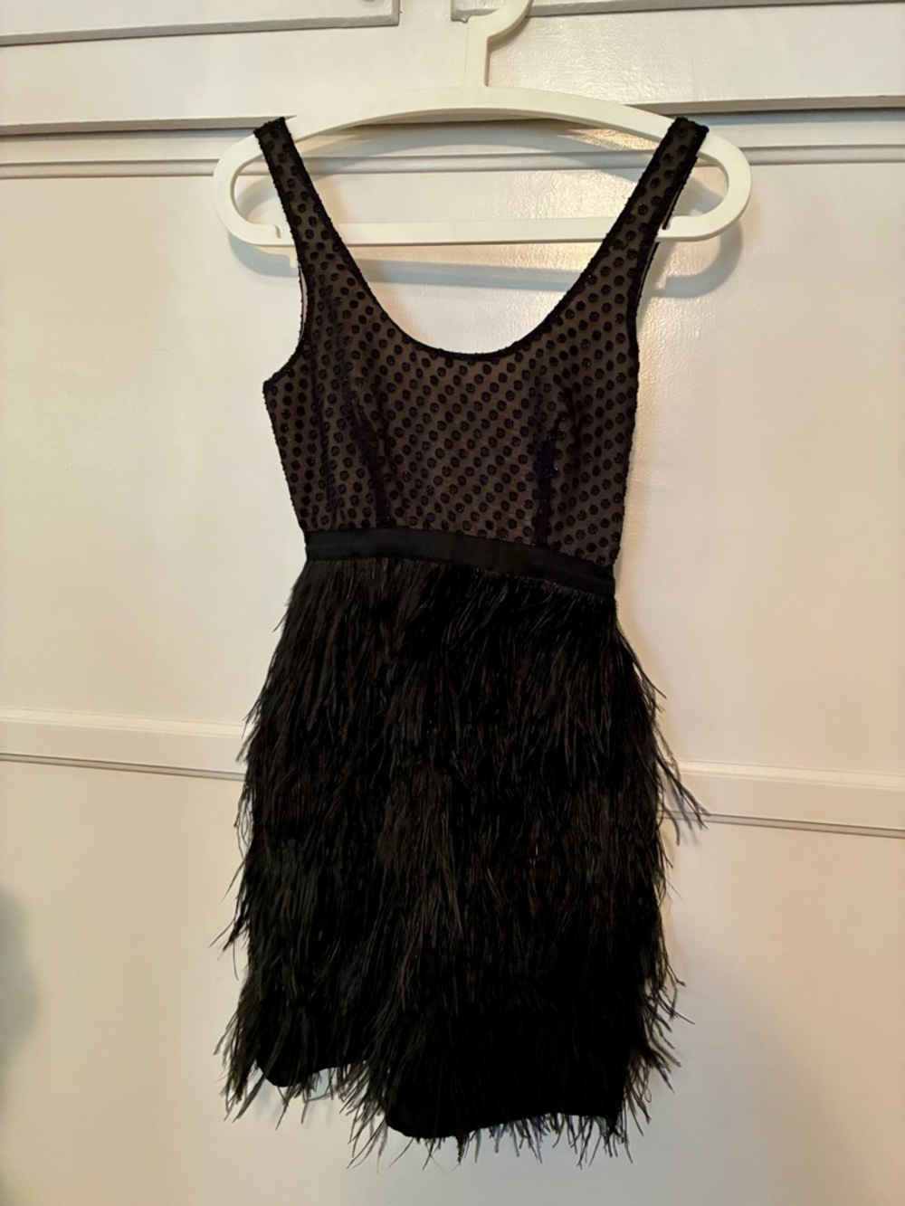 Black Feather-Trim Scoop Neck Party Prom Dress Short Mini XS